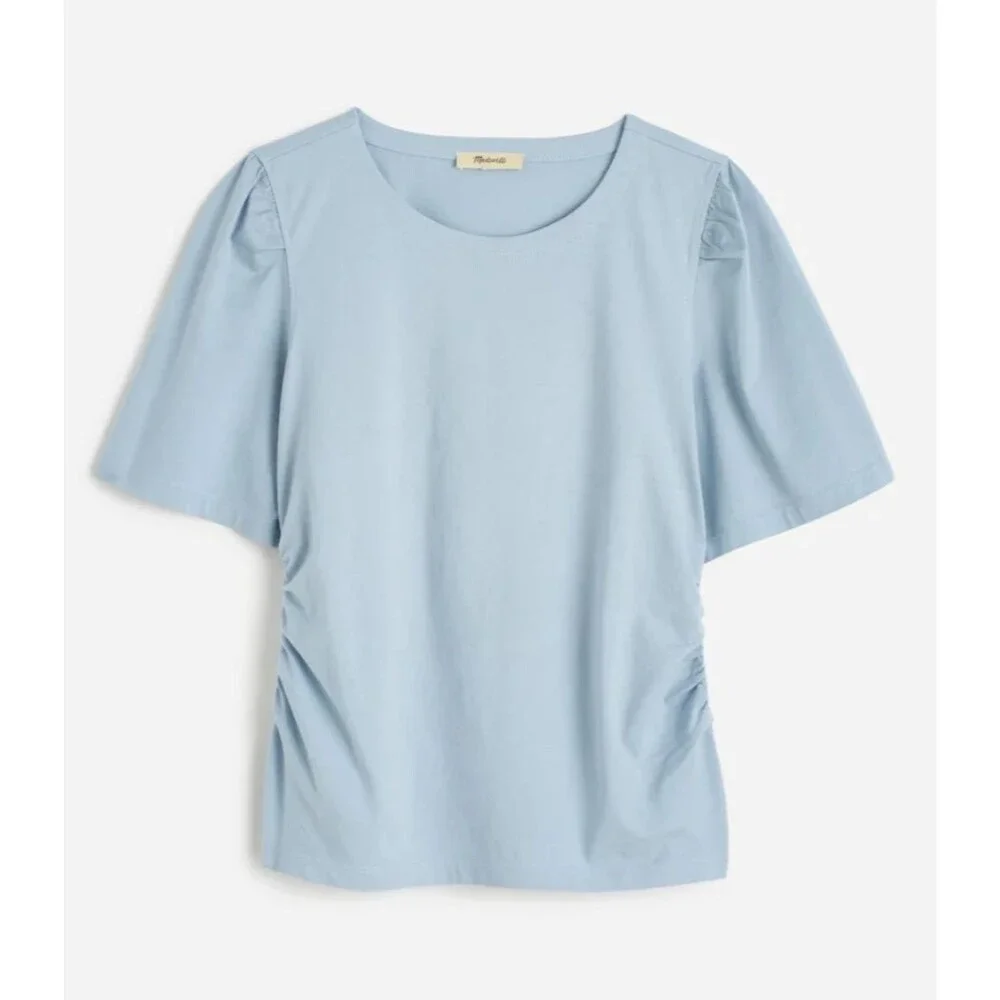 Madewell XXS Side Cinch Puff Sleeve Tee Feather Blue Cotton Slim Fit NWT